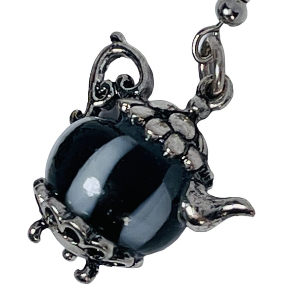 Striped glass black & white teapot dangly charm earrings NEW - Picture 4 of 7